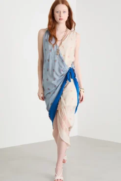 Abito asimmetrico con dettaglio di nodo - Azzurro Avorio