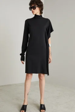 Abito asimmetrico in georgette stretch - Nero
