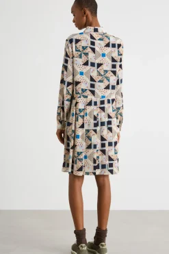 Abito chemisier con collo a foulard - Beige Blu