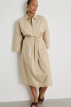 Abito chemisier in popeline con cintura - Beige