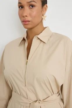 Abito chemisier in popeline con cintura - Beige