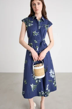 Abito con cintura in popeline stretch - Blu