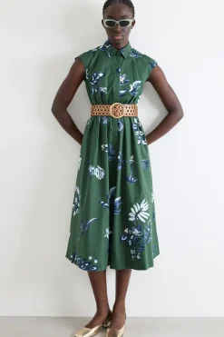 Abito con cintura in popeline stretch - Verde