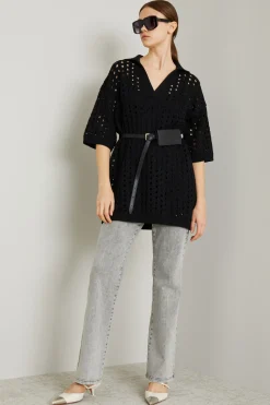 Abito corto in maglia traforata - Nero