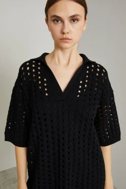 Abito corto in maglia traforata - Nero