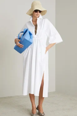 Abito in cotone e seta con coulisse - Bianco