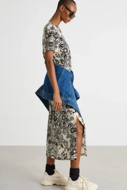 Abito in crepe de chine stampato - Bianco Nero