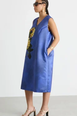 Abito in duchesse con stampa - Blu