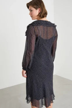 Abito in georgette con doppio volant - Nero