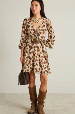 Abito in georgette stampata - Marrone Beige