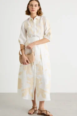 Abito in lino ricamato - Bianco Beige