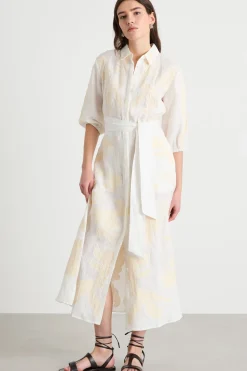 Abito in lino ricamato - Bianco Beige