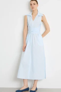 Abito in popeline con cintura - Azzurro Bianco