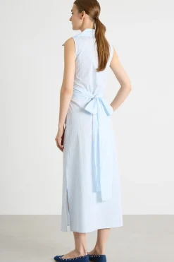 Abito in popeline con cintura - Azzurro Bianco