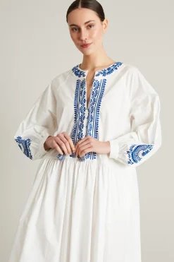 Abito in popeline con ricamo - Bianco Azzurro