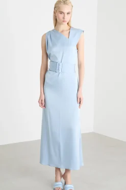 Abito in raso con cintura - Azzurro