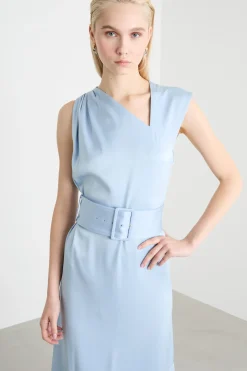 Abito in raso con cintura - Azzurro