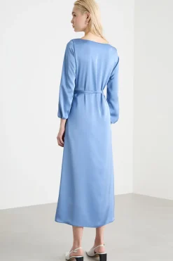 Abito in raso con cintura - Azzurro