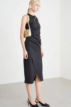 Abito in raso con spacco diagonale - Nero