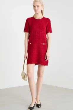 Abito in stuoia con bottoni decorativi - Rosso