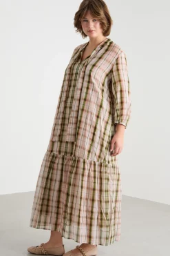 Abito in voile check con colletto alla coreana - Rosa Verde