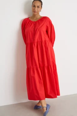 Abito lungo a balze in popeline - Rosso