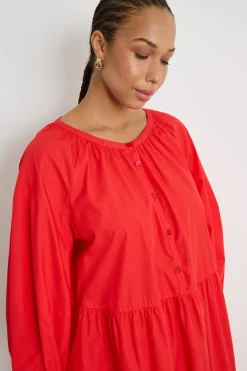 Abito lungo a balze in popeline - Rosso