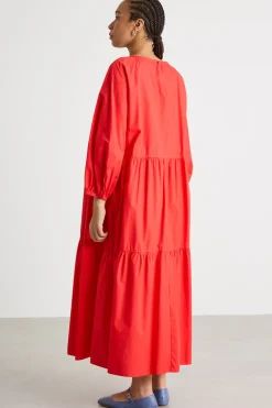 Abito lungo a balze in popeline - Rosso
