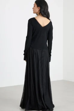 Abito lungo in maglia e tulle - Nero