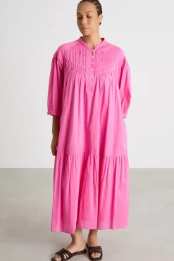 Abito lungo in mussola con plissé - Rosa