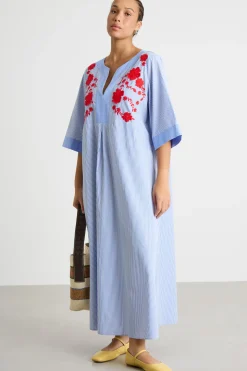 Abito lungo in popeline con ricamo floreale - Azzurro Rosso