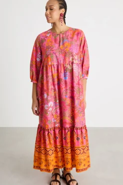 Abito lungo in tela stampata - Fuxia Arancione