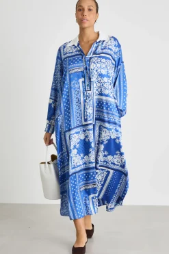 Abito lungo in twill stampato - Blu Bianco