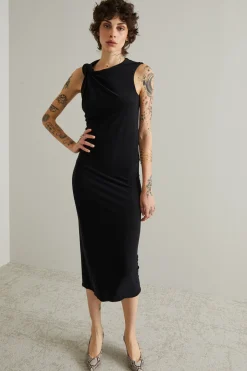 Abito midi in jersey con nodo - Nero