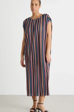 Abito midi in jersey plissé - Nero Blu Rosa