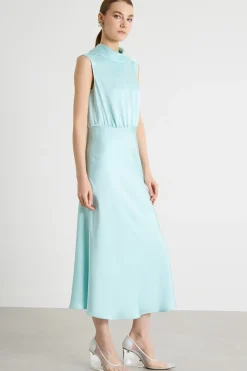 Abito midi in raso con collo alto - Azzurro