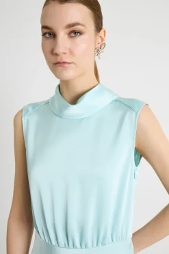 Abito midi in raso con collo alto - Azzurro