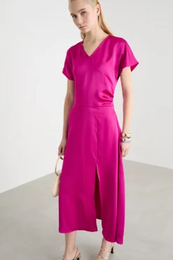 Abito midi in raso - Fuxia