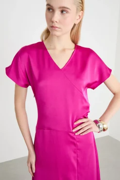 Abito midi in raso - Fuxia