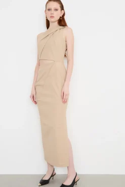 Abito monospalla in twill - Cammello