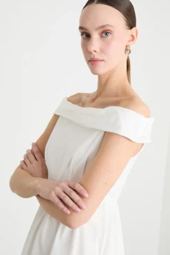 Abito off-shoulder in popeline - Bianco
