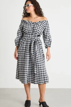 Abito off-shoulder in seersucker - Nero Bianco