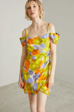 Abito off shoulder stampato - Giallo Lilla