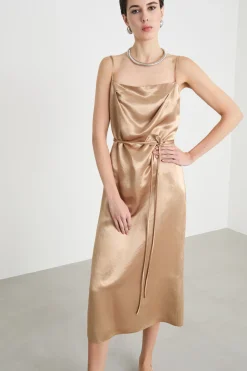 Abito slip dress in raso - Cammello