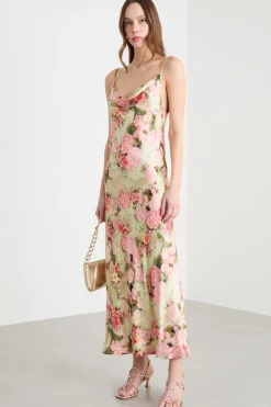 Abito slip dress in raso stampato - Verde Rosa