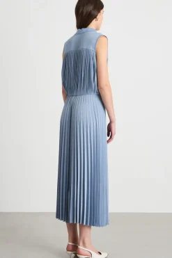 Abito smanicato con gonna plissé - Azzurro