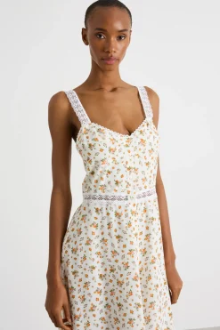 Abito stampato in crepe de chine - Bianco Rosa Arancione
