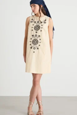 Abito svasato in tela ricamata - Beige