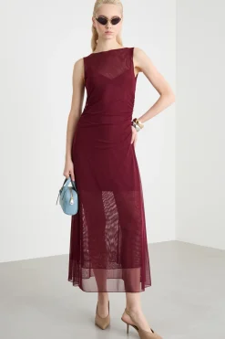 Abito svasato in tulle stretch - Bordeaux