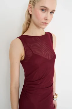 Abito svasato in tulle stretch - Bordeaux